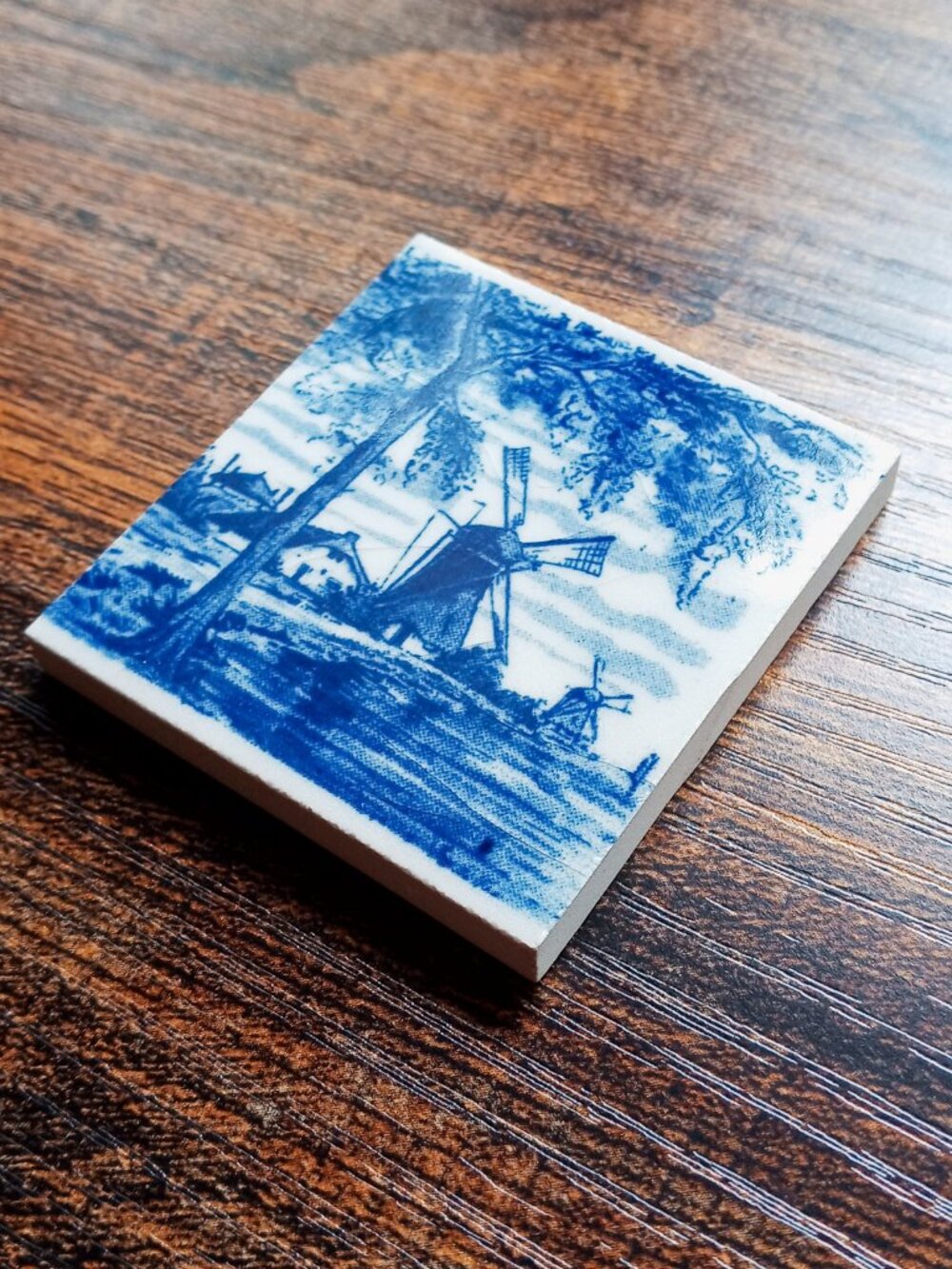 Vintage Delft Holland Blue & White Windmill Tree Scene Small Ceramic Tile